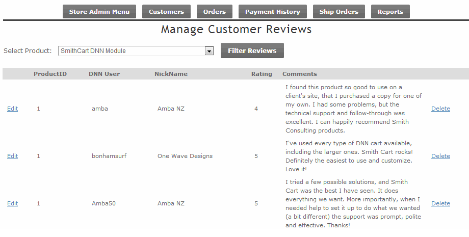 Cart customer product reviews